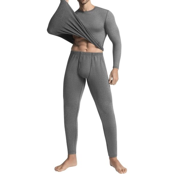 Men Grey Thermal Underwear Set Fleece Lined Base Layer Top and Bottom for Winter